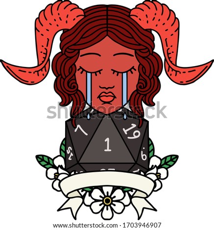 Retro Tattoo Style crying tiefling face with natural one d20