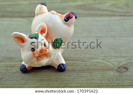  pig with cloverleaf on wood  background, for luck