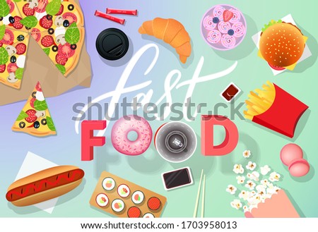 Fast food. Set of cartoon vector food icons. Ketchup, glass of cola, french fries, hamburger, sweet potato fries, burger, pop corn, hot dog, pizza, ice cream. Calligraphy lettering Label.
