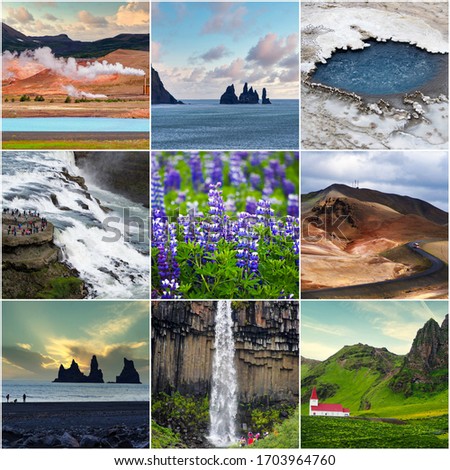 Iceland, collage of nine beautiful pictures