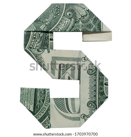 Money Origami LETTER S Character Folded with Real One Dollar Bill Isolated on White Background