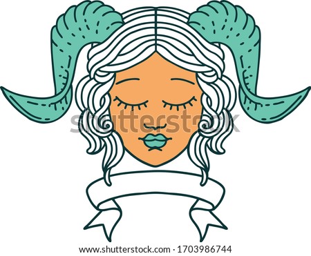Retro Tattoo Style tiefling character face with scroll banner