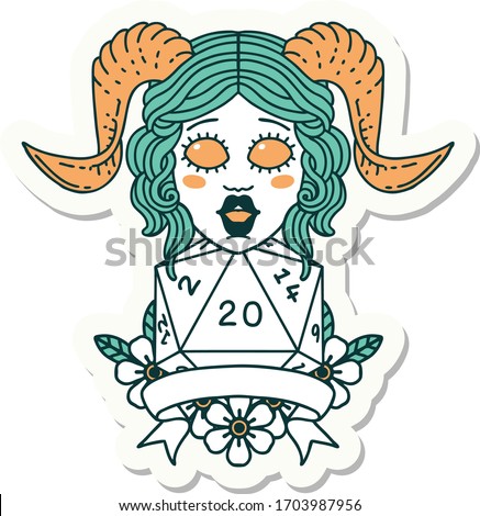 sticker of a tiefling with natural twenty dice roll