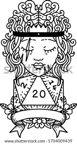 Black and White Tattoo linework Style human barbarian with natural twenty dice roll