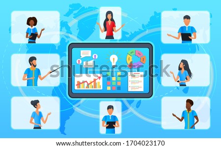 Vector concept, business team in video conference during online meeting, senior business woman in video call talking with diverse colleagues. Videoconferencing. Virtual classroom. Workshop training.  Royalty-Free Stock Photo #1704023170