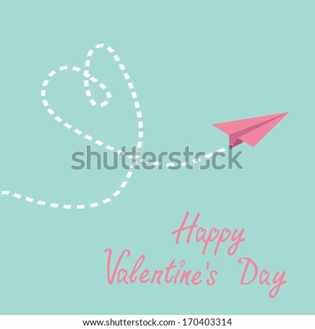Origami paper plane. Dash heart in the sky. Happy Valentines Day card.  Vector illustration.