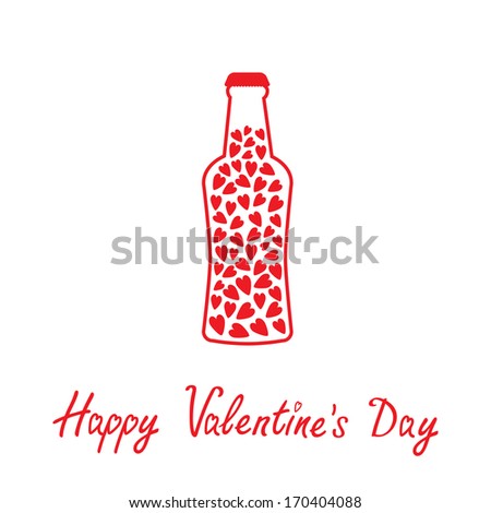 Beer bottle with hearts inside. Happy Valentines Day card.  Vector illustration. 