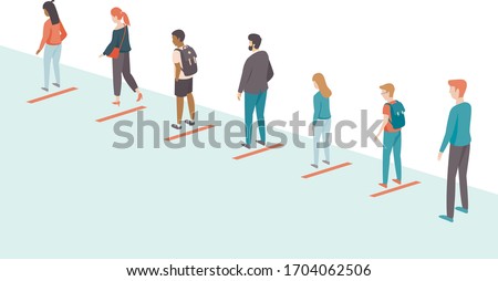 People keeping distance in the queue. Social distancing concept for coronavirus COVID-19 2019-ncov disease oubreak. Flat vector illustration Royalty-Free Stock Photo #1704062506