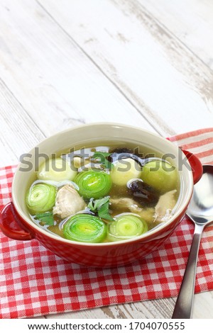 cock a leekie soup, scottish traditional cuisine Royalty-Free Stock Photo #1704070555