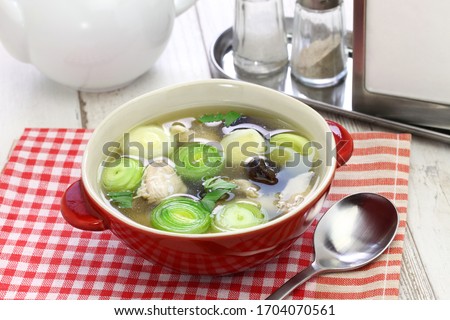 cock a leekie soup, scottish traditional cuisine Royalty-Free Stock Photo #1704070561