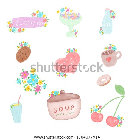 Hand drawn stickers with flowers,  drawn in soft colors, tasty cookies and drinks, good for greeting cards, laptop, copybook, notes