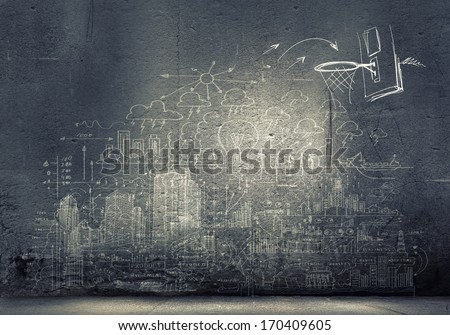 Background image with sketches and drawings on black wall
