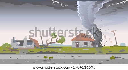 Tornado with spiral twists destroys houses, big dangerous tornado destroys buildings in residential neighborhood, nature disaster concept illustration background Royalty-Free Stock Photo #1704116593