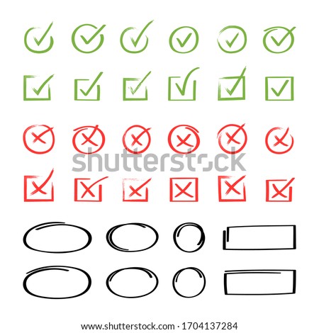 Super set hand drawn check mark with different circle arrows and underlines. Doodle v checklist marks icon set. Vector illustration. Royalty-Free Stock Photo #1704137284