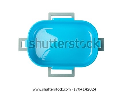 Empty blue plastic lunchbox top view isolated. Isolated