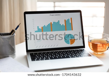 On portable computer monitor seen charts graphs sales growth stats results, positive financial forecast, analytics application professional program, close up view. Project statistics app on pc concept