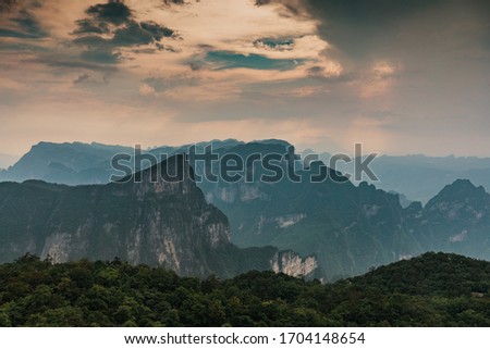 Amazing evening mountain panorama seen from Tianmen Mountain, Zhangjiajie, China