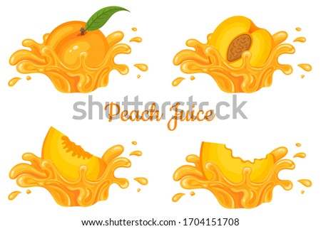 Fresh peach juice splash burst isolated on white background. Summer fruit juice. Cartoon style. Vector illustration for any design.