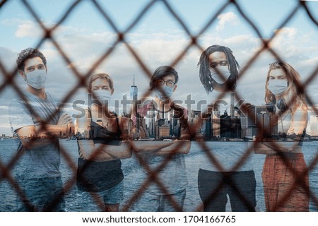 Group of citizens with masks and New York City in the background