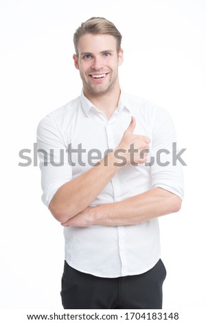 Best promotion. Happy guy give thumbs up isolated on white. Promoting product or service. Promoting and advertising. Promoting and marketing. Promote and make sales. Promoting business.