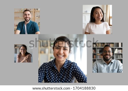 On gray background photos of five multiracial girls and guys smile look at camera. E-date website ad, diverse freelancer webcam pc view easy convenient usage of app for worldwide communication concept Royalty-Free Stock Photo #1704188830