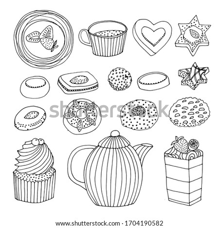 Clip art circle set Tea time, coffee  cakes, chocolate cake, love heart, strawberry cakes, cookies, cream 
cakes. Food  Stock illustration. Isolated elements on white background. 