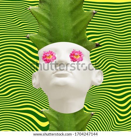 Collage of modern art. Egyptian woman pharaoh on the head and neck of which is a cactus and has flowers in her eyes. Concept keep calm, psychology, leader, meditation.
