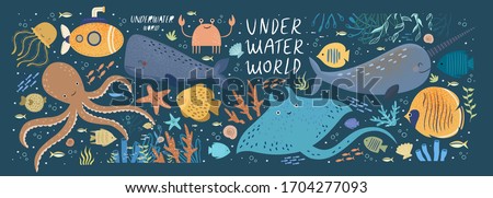 Underwater world! Vector cute illustration ocean or sea with octopus, whale, narwhal, jellyfish, various fish, water marine animals and plants isolated objects set. Drawings for banner, card, postcard