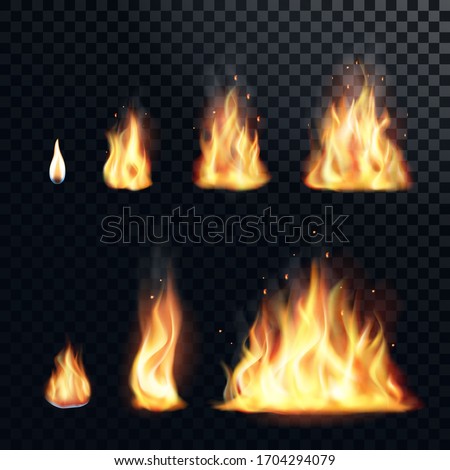 Fire flame realistic set. Flare bonfire, bright small and big fiery elements. Vector illustration.