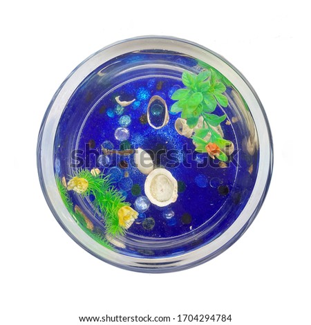 Round aquarium with a fish and blue stones at the bottom. Aquarium on a white background. View from above