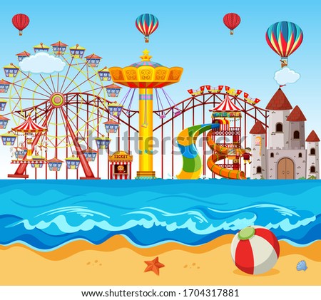 Themepark scene with many rides by the ocean illustration