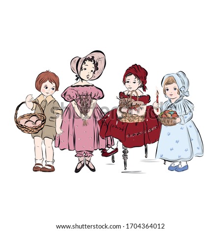 Vintage children with baskets of colored eggs, Easter cakes, candles, willows. Group of boys and girls of different ages stand together. Hand drawn clip art in the style of the nineteenth century. 