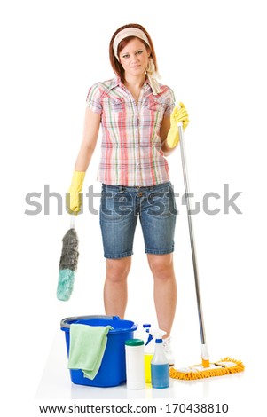 Cleaning: Annoyed Woman With Cleaning Supplies.