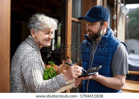 Man courier delivering shopping to senior woman, signing.