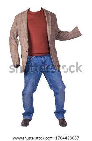 men's button light brown jacket, men's blue jeans, leather black shoes and a red sweater isolated on white background