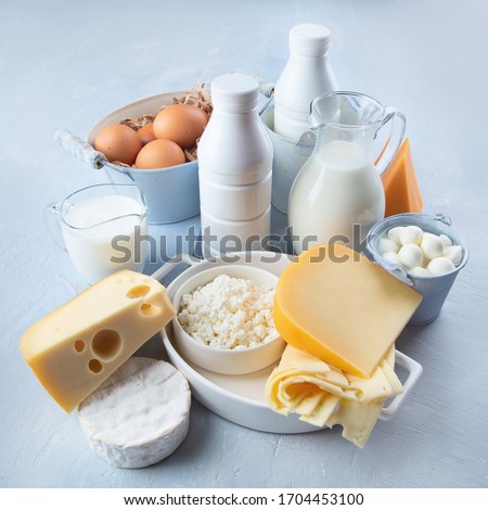 Different types of fresh farm dairy products. Foods rich in Calcium.  Royalty-Free Stock Photo #1704453100