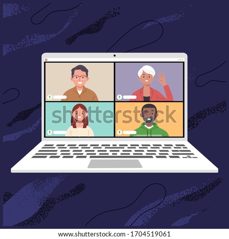 vector illustration of a notebook or laptop with the illustration of a group of people doing a video conference with an application, men and women video calls together Royalty-Free Stock Photo #1704519061