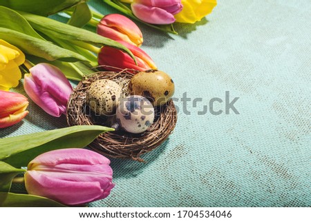 Easter and spring background with tulips and eggs.