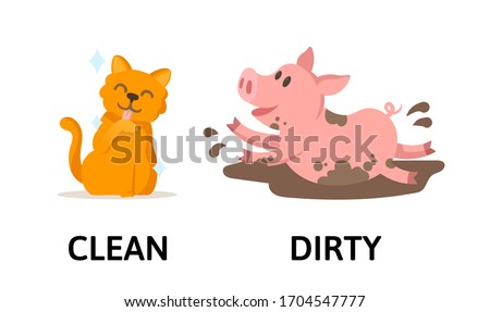 Words clean and dirty textcard with cartoon cat and pig characters. Opposite adjectives explanation card. Flat vector illustration, isolated on white background.