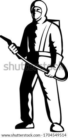 Illustration of an industrial worker, healthcare, essential or pest exterminator wearing a respiratory protective equipment, fumigating spraying disinfectant standing in black and white retro style.