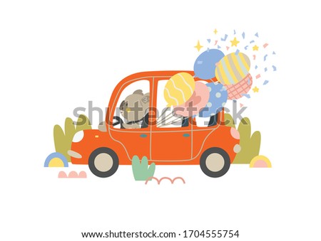 Koala rides in a car with festive balloons. Vector illustration. Excellent for for kids, design of postcards, posters, stickers and so on.