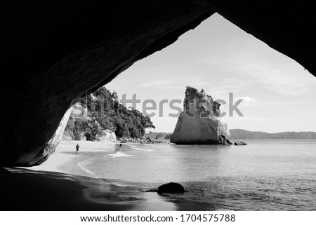 New Zealand nature, North Island - Cathedral Cove at Coromandel peninsula. Black and white vintage style.