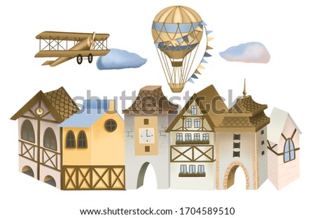 Illustration of bavarian houses, retro airplanes and hot airballoons in the sky, festive old town street, hand drawn on white backround