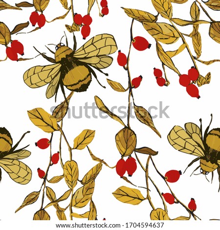 Bees and rosehip. Floral seamless pattern. Gold and red color. Dog rose. 