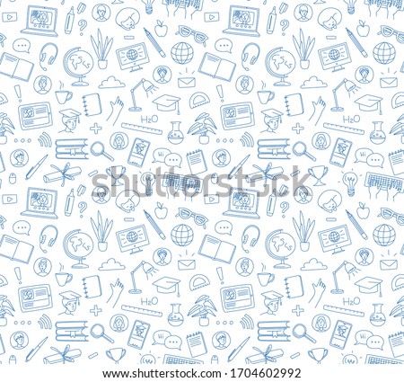 Learning online, e-learning video call chat with class. Laptop, notebook, remote learning- ideal home workplace. Vector illustration doodles, thin line art sketch style concept Royalty-Free Stock Photo #1704602992