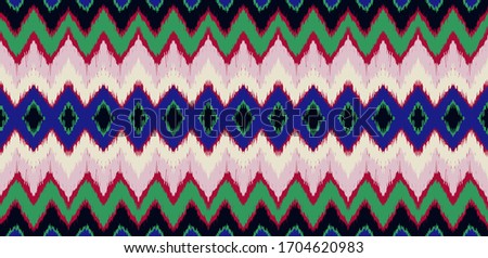 Lace border. Ikat seamless pattern. Vector tie dye shibori print with stripes and chevron. Ink textured japanese background. Ethnic fabric. Bohemian fashion. African creative. Damask rug. 