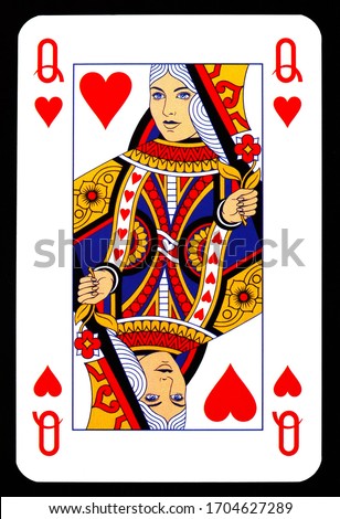 Queen of hearts playing card isolated on black. Royalty-Free Stock Photo #1704627289
