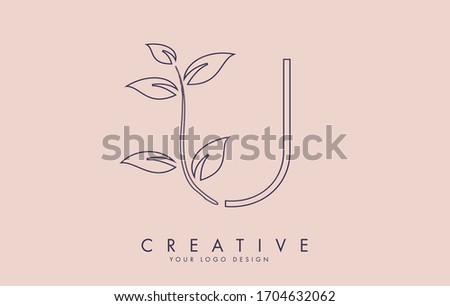 Outline Leaf Letter U Logo Design with Leaves on a Branch and Pink Background. Letter U with nature concept. Eco and Organic Letter Vector Illustration. 
