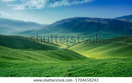 Field of spring grass and mountains in Almaty, Kazakhstan