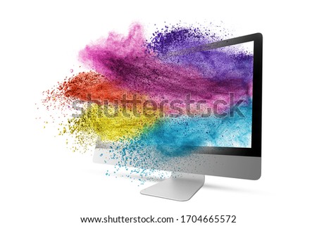 Big computer display or monitor with colorful dust explosion on a white background, copy space. Photo composing 3D render Royalty-Free Stock Photo #1704665572